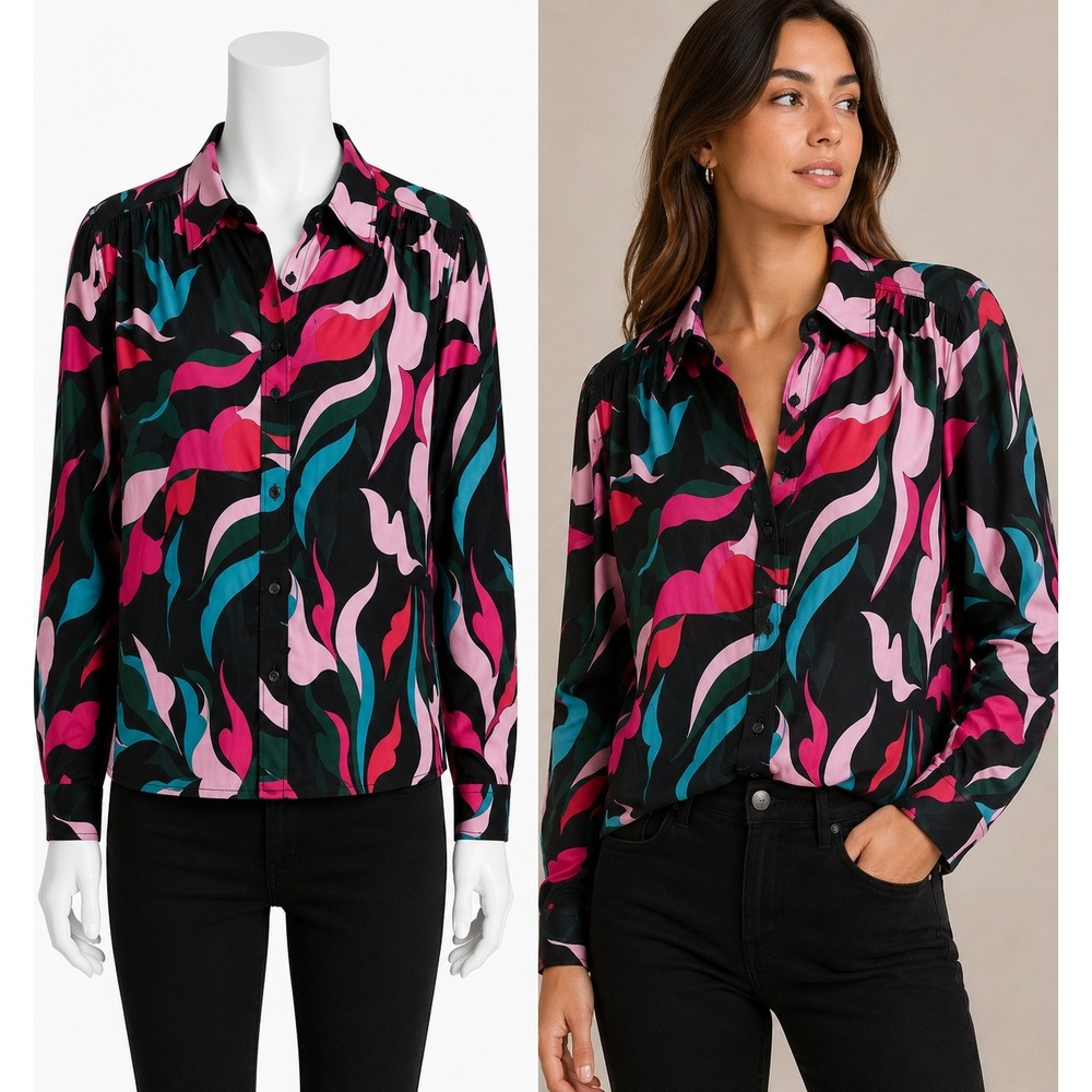 Hutch Kodie Buttondown Blouse Small Black Pink Abstract Satin Long Sleeve Top